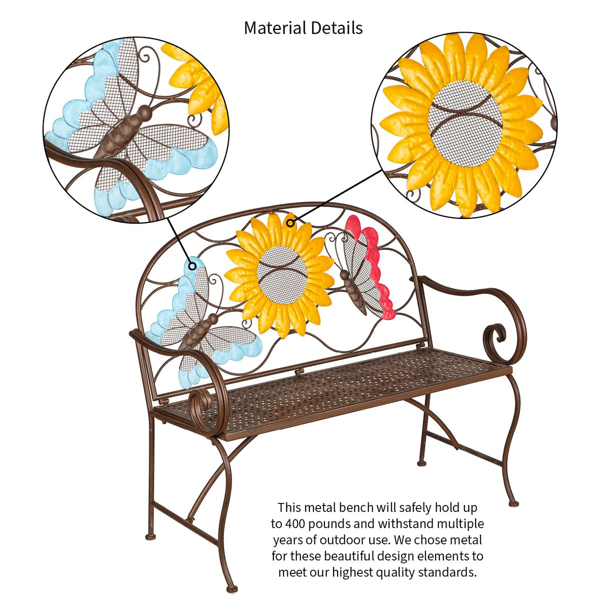 Evergreen Garden Sunflower Garden Bench Outdoors & Indoors | Cast Iron Metal Patio Bench | Outdoor Seating Furniture | Seats for Park, Porch, Deck, Yard Evergreen Garden