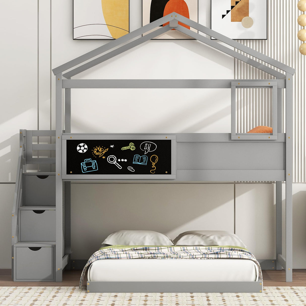 Harper & Bright Designs House Bunk Bed with Stairs,Twin Over Full Bunk Beds with Blackboard,Wood Kids Floor Bunk Bed Frame with Storage Shelves,Space-Saving Design, Gray Harper & Bright Designs