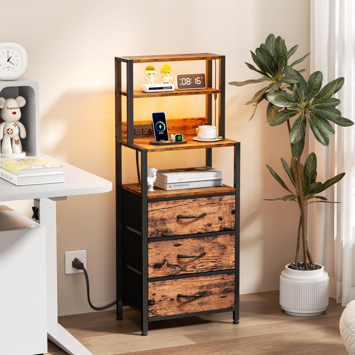 Furnulem Night Stand, Tall Nightstand with 4-Tier Shelves and 3 Fabric Drawers, LED Bed Side Tables with Charging Station, Bedside Table for Bedroom, Hallway, Office, Rustic Brown Furnulem