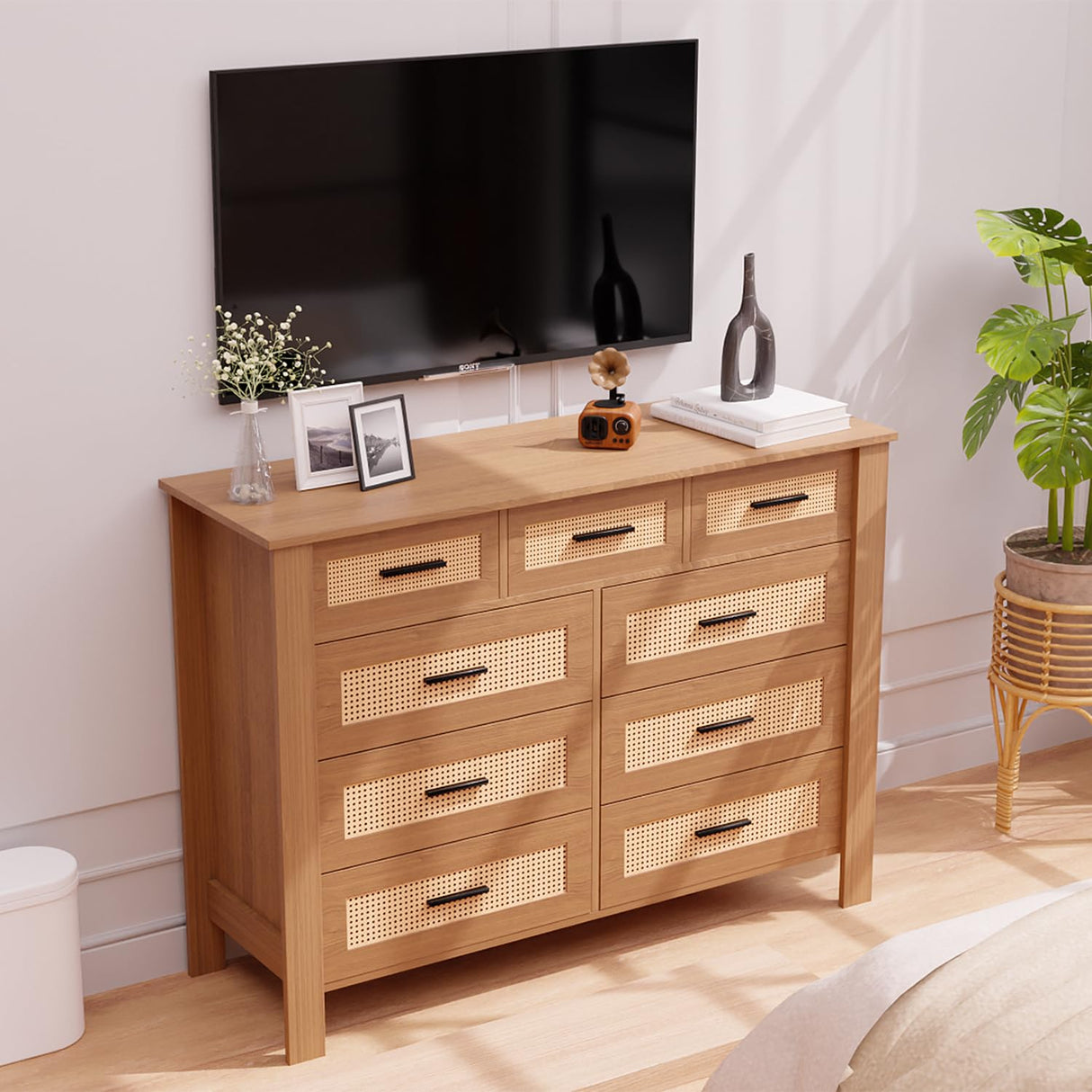 9 Drawer Dresser for Bedroom, Rattan Chest of Dressers, Modern Boho Wooden Dresser Chest with Mental Handles, Living Room and Entryway Loreena