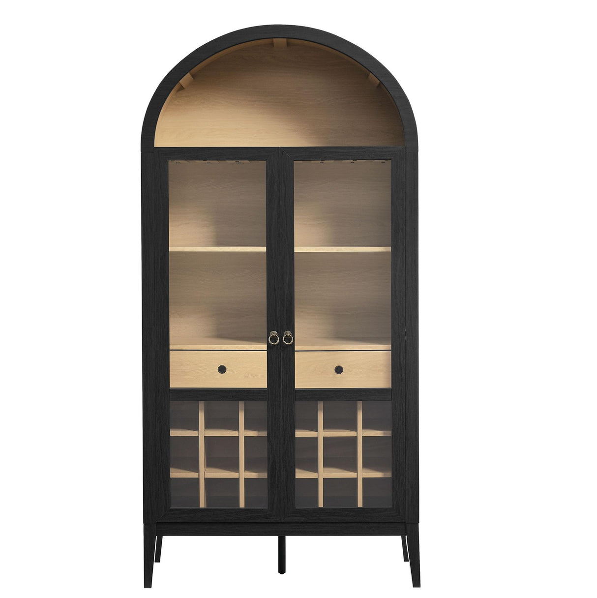 Modway Nolan Modern Farmhouse Arched Bar Cabinet in Black Wood Grain - 72 Inch Tall Wine Storage Cabinet with Glass Doors and Wine Rack - Large Liquor Cabinet for Dining or Living Room Modway