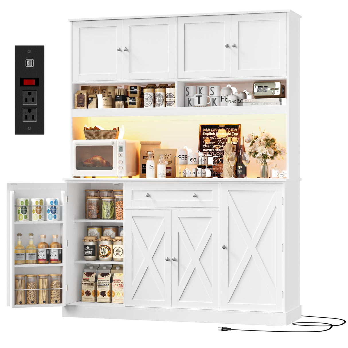 HIFIT 72.8” Tall Kitchen Pantry Cabinet with LED & Charging Station, 55” Wide Farmhouse Pantry Storage Cabinet with Microwave Stand&Shelves&Barn Doors, Kitchen Hutch Coffee Bar for Living Room, White HIFIT