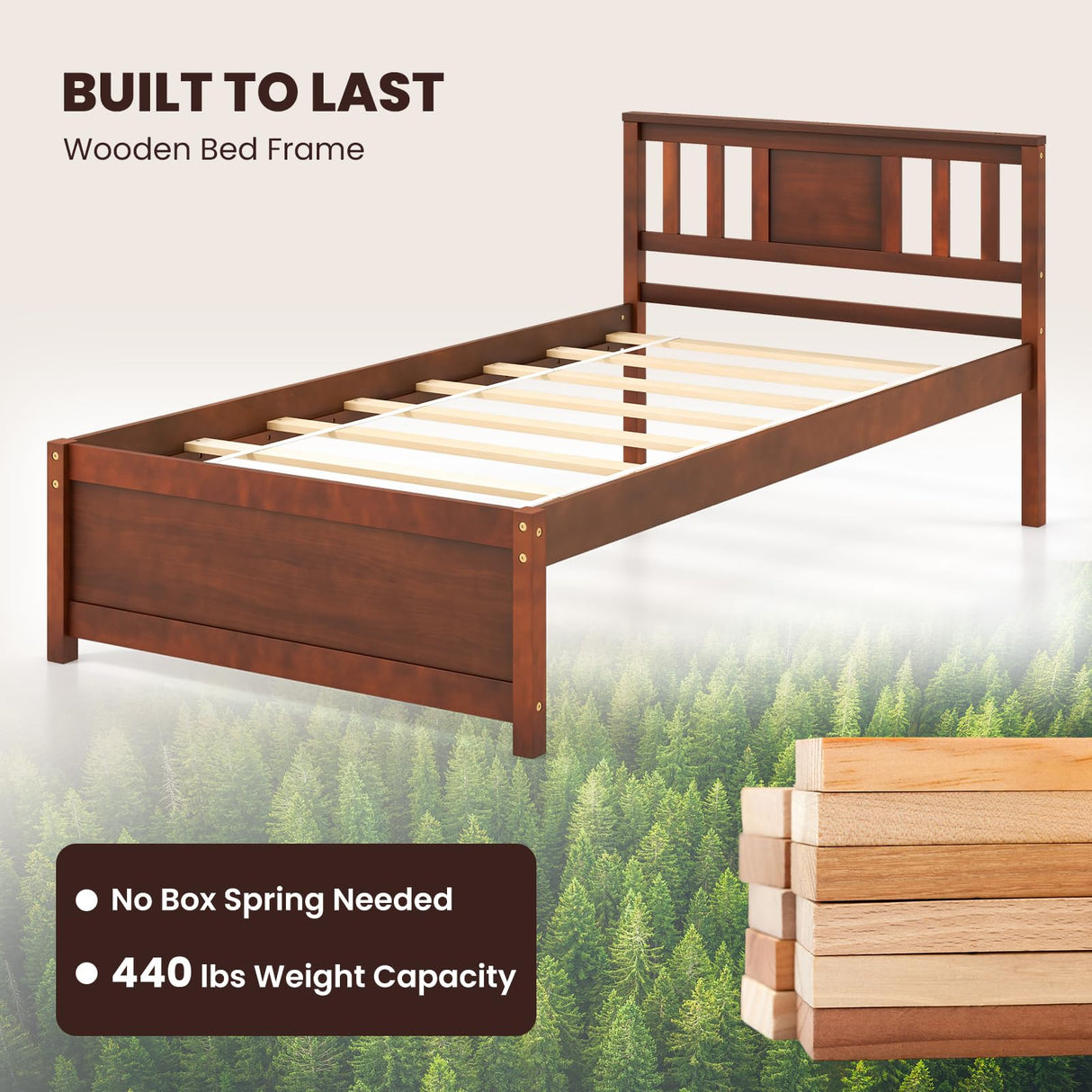 Giantex Mid Century Twin Bed Frame with Headboard in Walnut - Solid Wood Platform with Slat Support Giantex