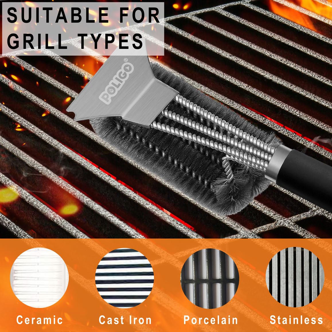 POLIGO Safe Grill Brush and Scraper with Deluxe Handle - 18" Grill Cleaner Brush Stainless Steel Bristle Grill Brush for Outdoor Grill Wizard Grate - BBQ Brush for Grill Cleaning Ideal Grilling Gifts POLIGO