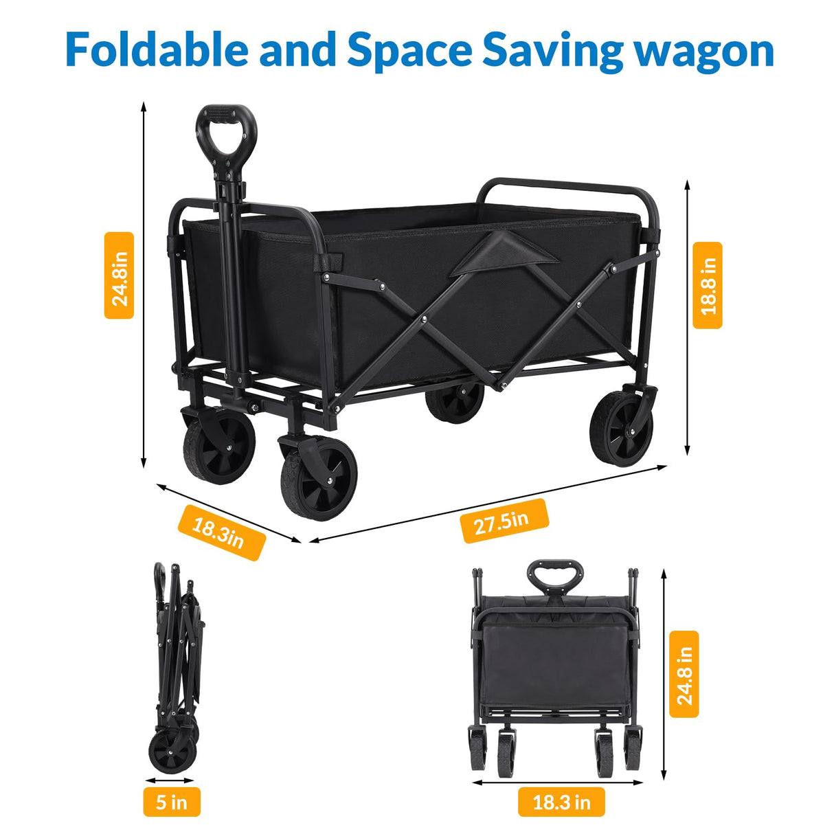 Collapsible Wagon Cart,Portable Folding Wagon, Smart Utility Foldable Outdoor Garden Wagon Cart for Sports, Shopping, Camping 75L Capacity GUDNYCE