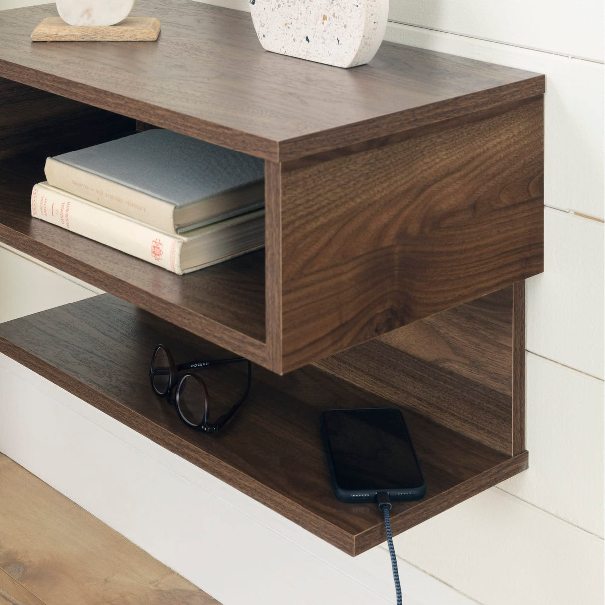 South Shore Furniture Sazena Floating Nightstand, Natural Walnut, 22.25 in x 11.75 in x 13.25 in South Shore