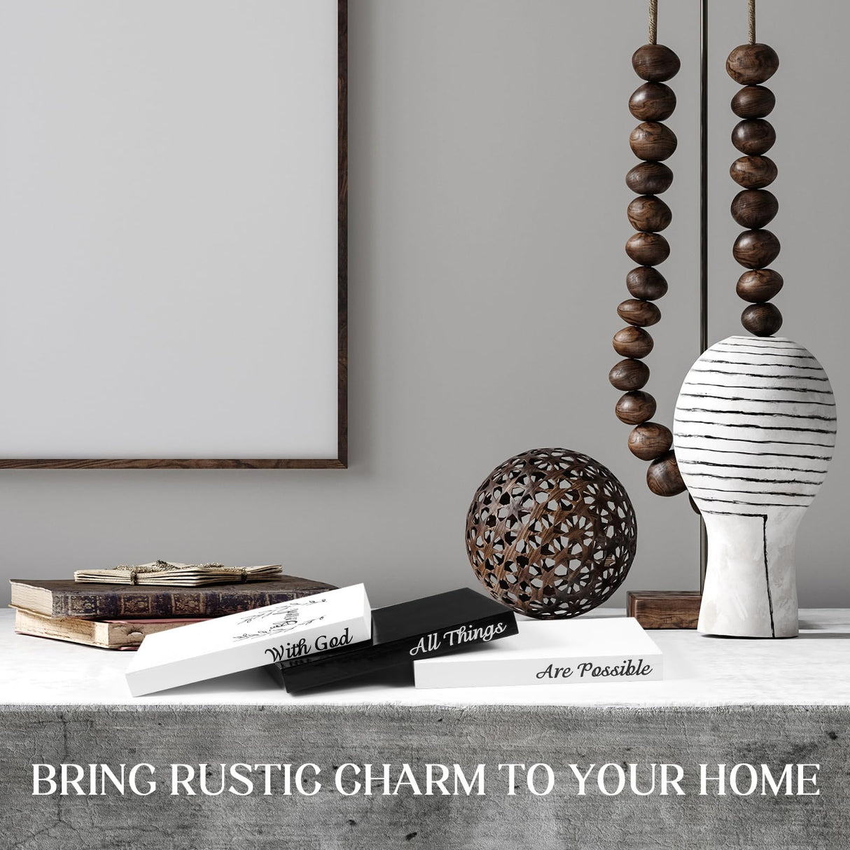 Capoda 3 Pcs Decorative Books for Home Decor Farmhouse Faux Stacked Books Wooden Rustic Decorative Books with Bead Garland Twine Ribbon Faux Leaf for Table(Blessed) Capoda