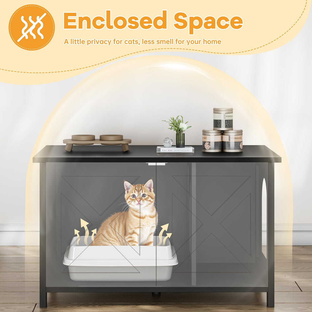 Shintenchi Cat Littler Box Enclosure, Litter Box Furniture Hidden with Removable Divider, Cat House with End Table, Black Shintenchi