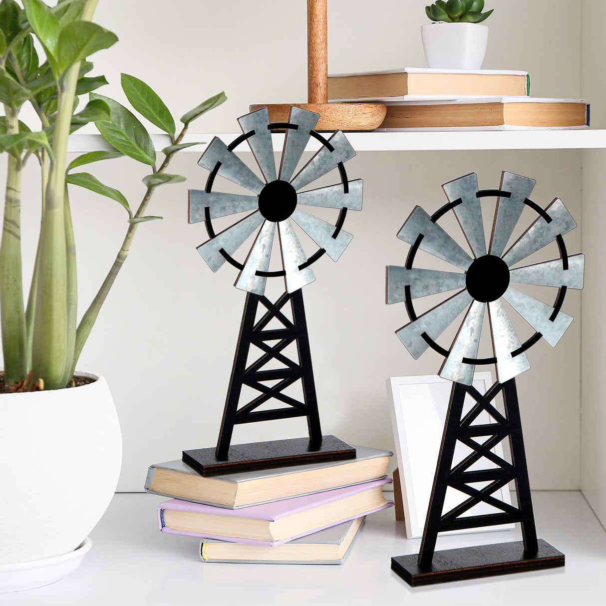 Yalikop Set of 2 Wooden Farmhouse Windmill Table Top Decor Wood Small Distressed Black Grey Rustic Windmill Themed Table Decor for Kitchen Garden Home Yalikop