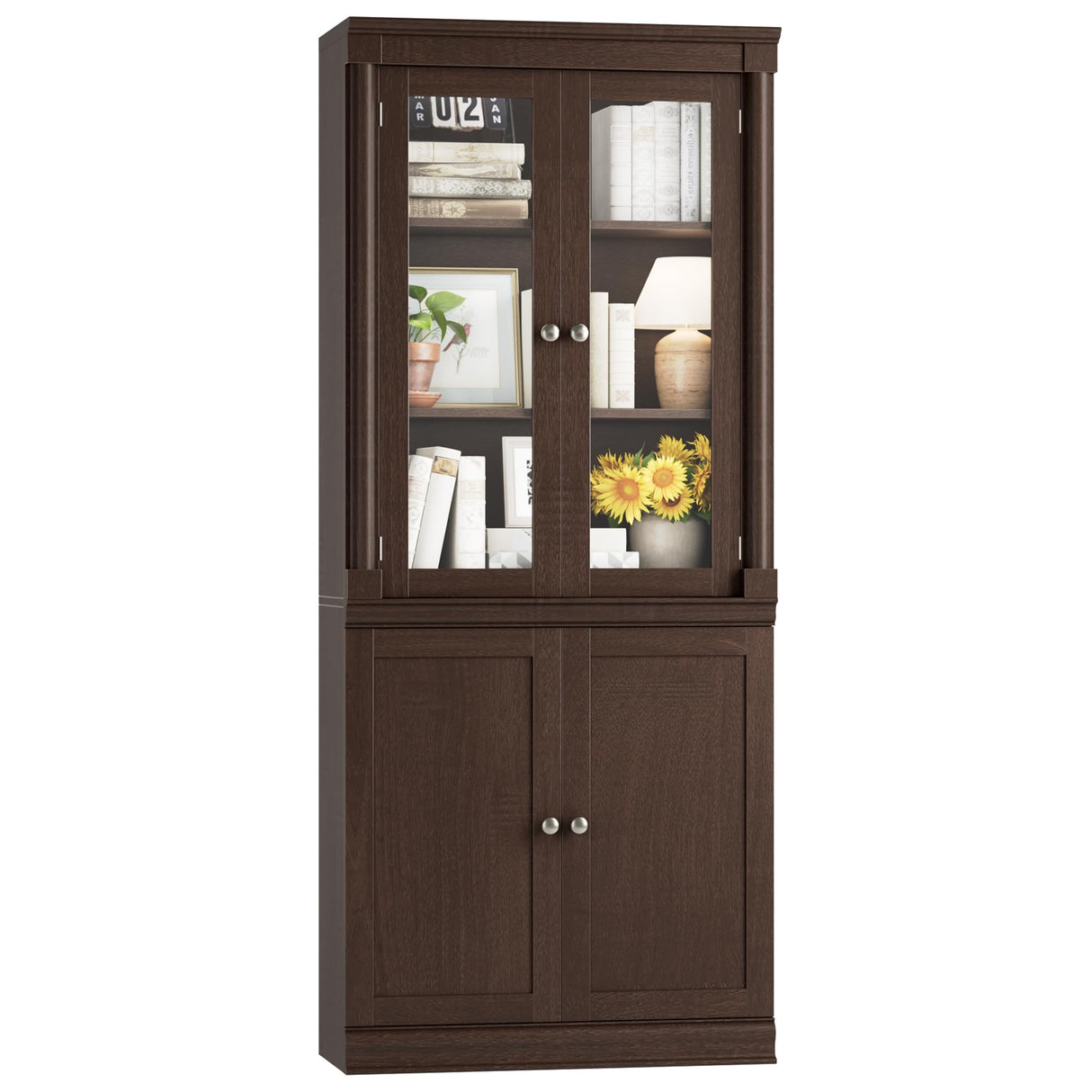 FACBOTALL 71.3'' Tall Bookcase with Glass Doors, Farmhouse Book Shelf with Adjustable Shelf, Tall Bookshelf with Storage, Bookshelves and Bookcases with 5 Tier Display Storage for Living Room, Brown FACBOTALL