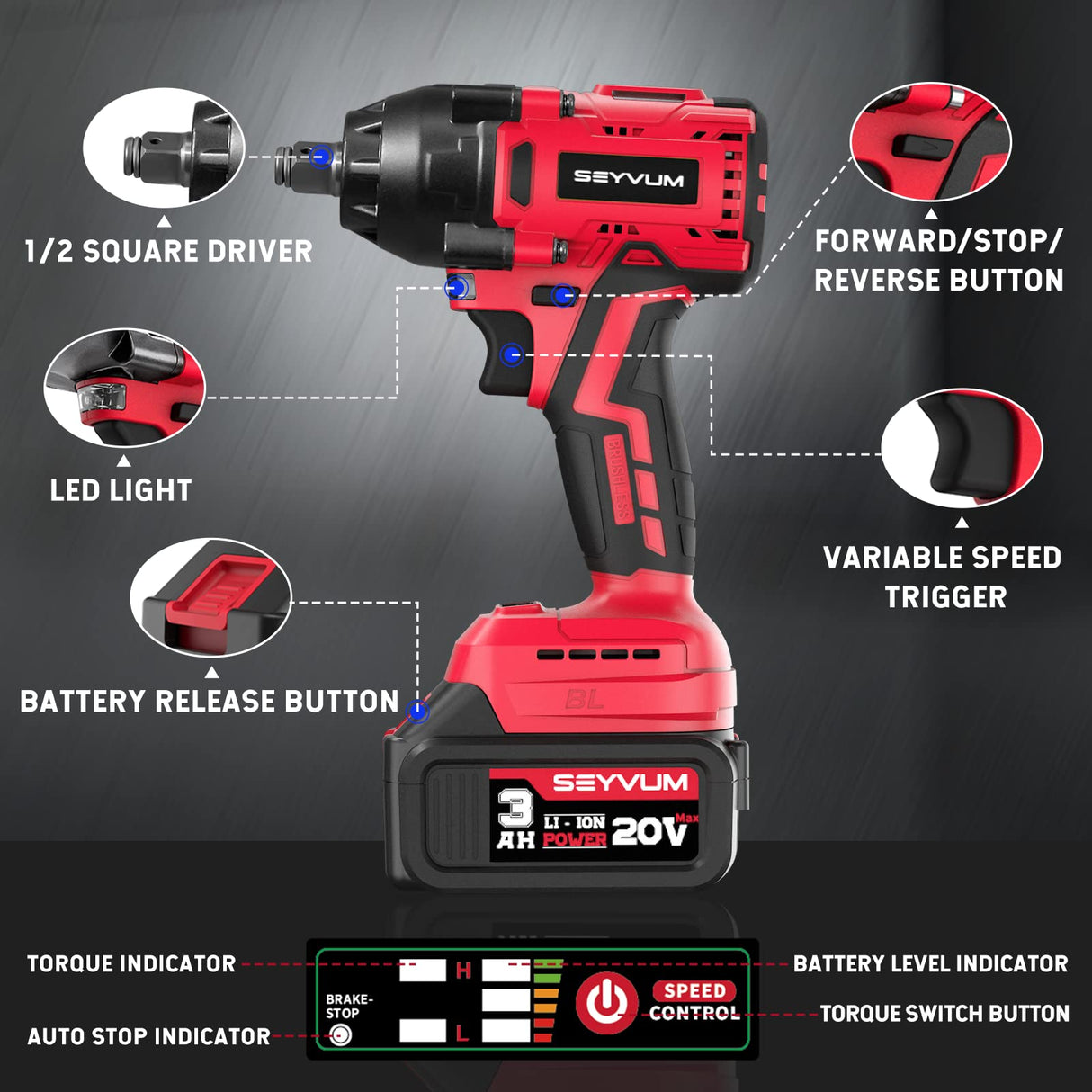 SEYVUM Impact Wrench,1/2" Impact Gun, Power Impact Driver Max Torque 320 Ft-lbs (430N.m), Cordless Impact Wrench with 20V Brushless Motor, 3.0Ah Li-ion Battery with Fast Charger, 4 Pcs Impact Sockets SEYVUM