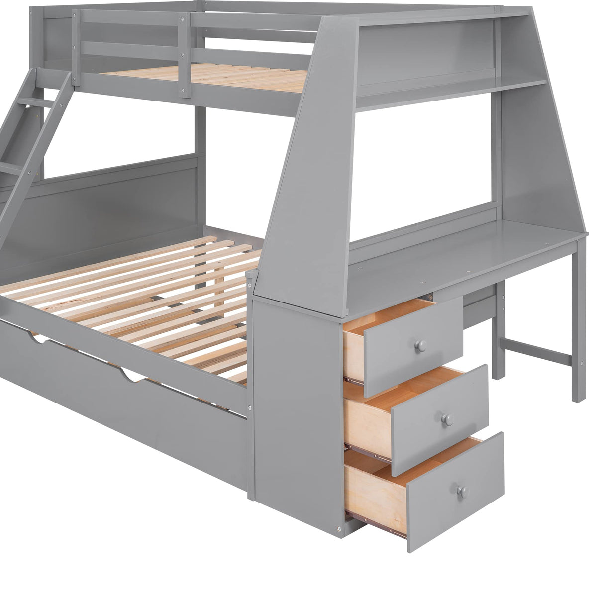 Twin Over Full Bunk Bed with Desk, Trundle, and Storage Drawers in Gray Bellemave