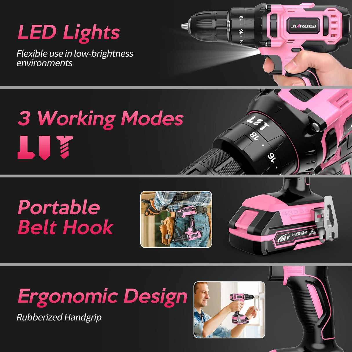 20V Cordless Drill, Electric Power Drill Set with Battery Charger, 3/8” Keyless Chuck, 2 Variable Speed, 18+3 Torque, 72pcs Driver Bits and Belt Hook, Pink JIARUISI