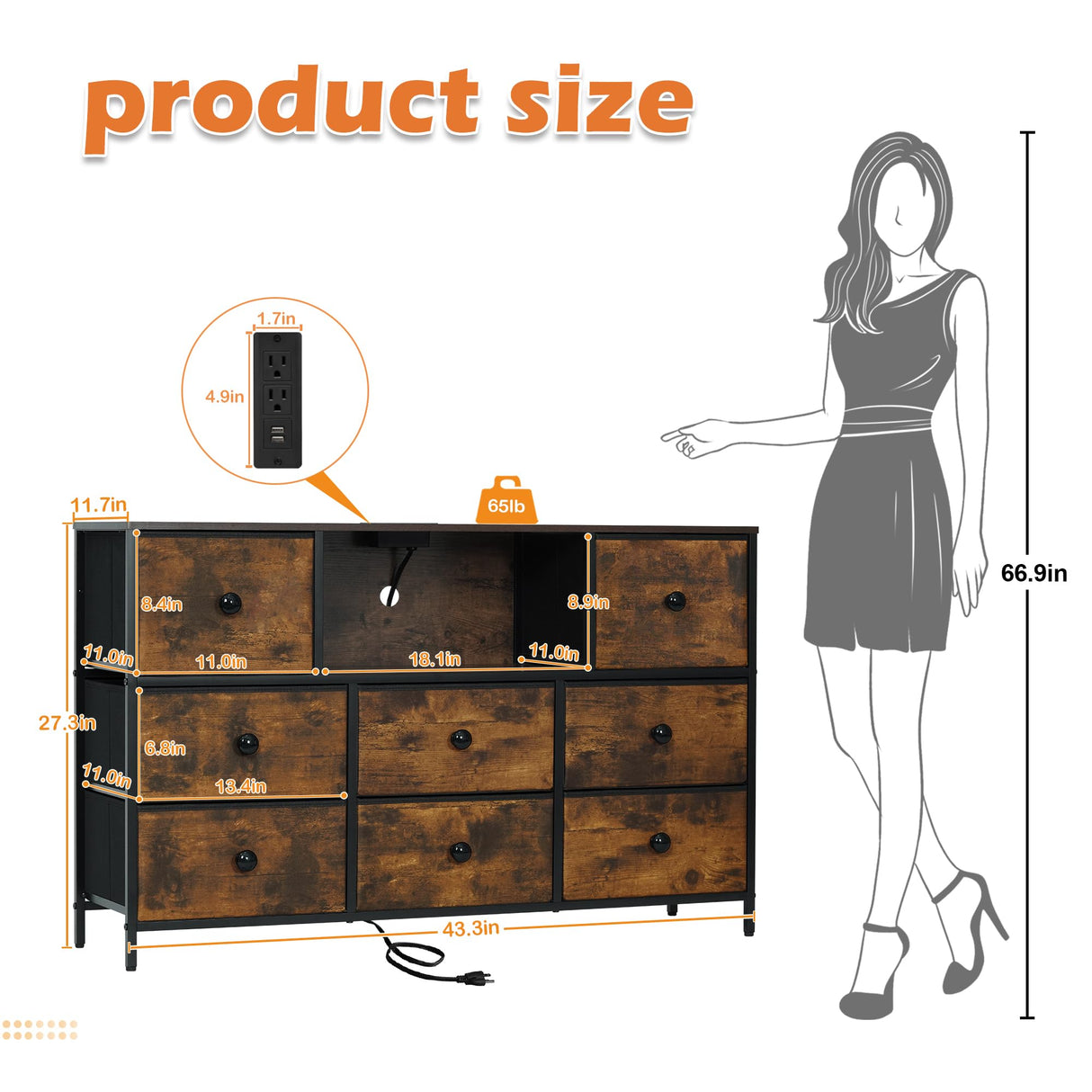 LYNCOHOME Dresser with Power Outlets and LED Lights, Dresser TV Stand with 8 Drawers, Fabric Chest of Drawers for Bedroom, Living Room, Entryway, Sepia Print LYNCOHOME