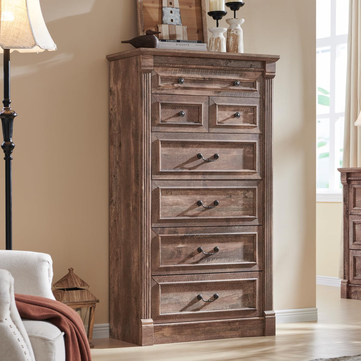 Aitjunz Farmhouse 7 Drawers Dresser for Bedroom, 57" Tall Large Dressers & Chests of Drawers w/Roman Column, Storage Dressers Organizer for Bedroom, Hallway, Living Room, Light Brown Aitjunz