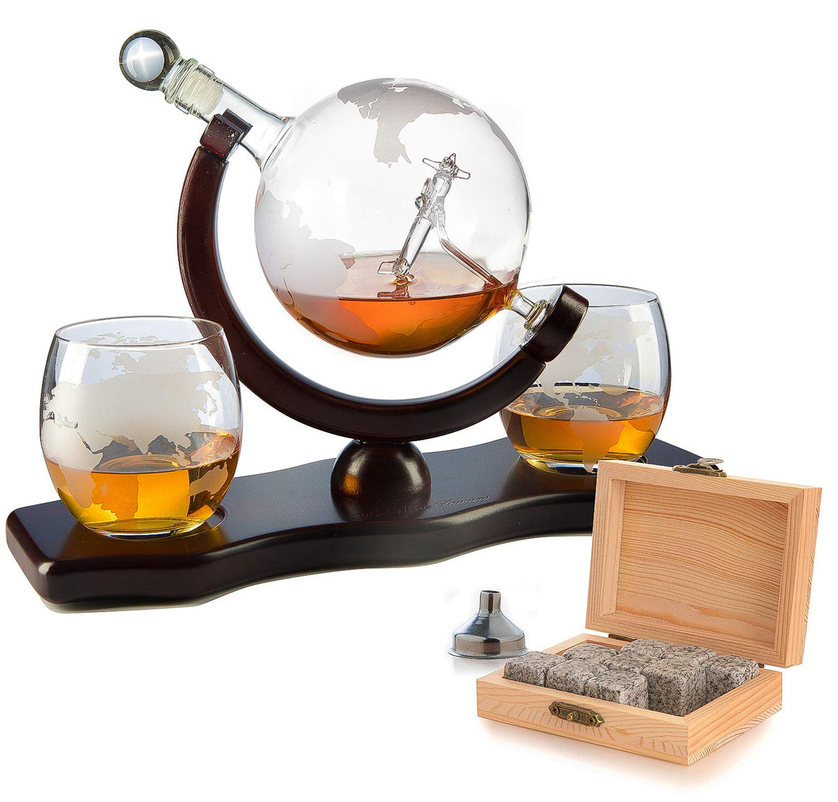 Etched World Decanter whiskey Globe - The Wine Savant Whiskey Gift Set Globe Decanter with Antique Airplane, Whiskey Stones and 2 World Map Glasses, Pilot Gift - Alcohol Related Gift, HOME BAR DÉCOR The Wine Savant
