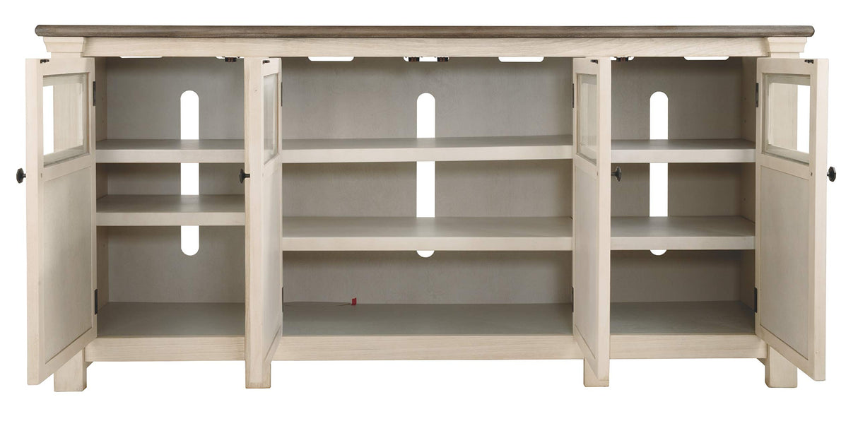 Signature Design by Ashley Bolanburg Two Tone Farmhouse TV Stand, Fits TVs up to 72", 3 Cabinets and Adjustable Storage Shelves, Whitewash Signature Design by Ashley
