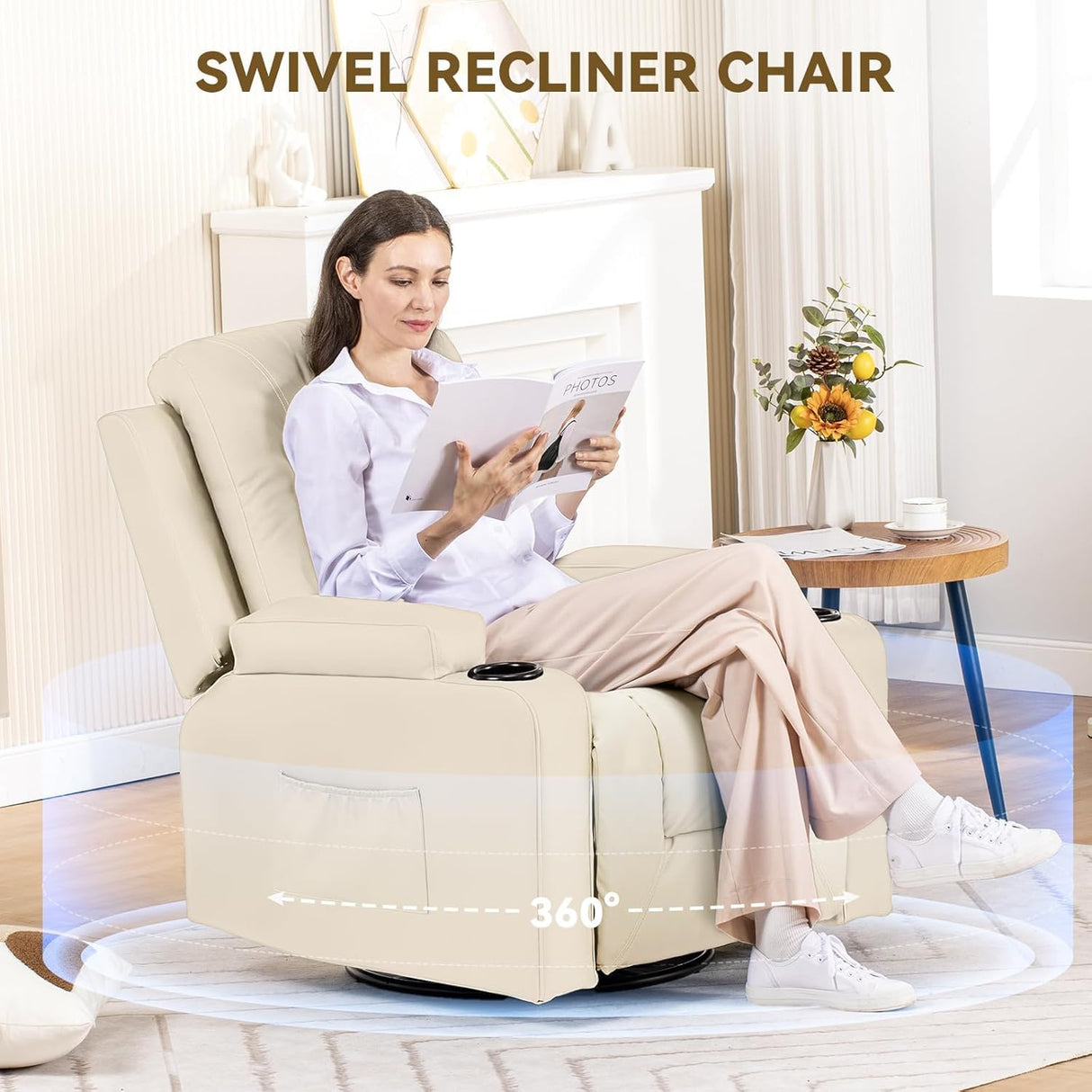 COMHOMA OMHOMA Recliner Chair, Swivel Rocker Recliners, Massage and Heat Reclining Chair, Reclining Sofa with Side Pockets, Cup Holders for Living Room, Bedroom (White) COMHOMA