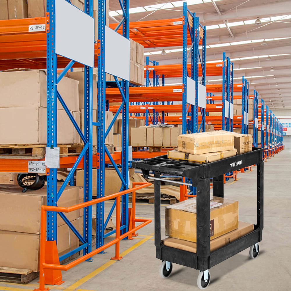 TUFFIOM Plastic Service Utility Cart with Wheels, 550lbs Capacity Heavy Duty Tub Storage Cart W/Deep Shelves, Multipurpose Rolling 2-Tier Mobile TUFFIOM