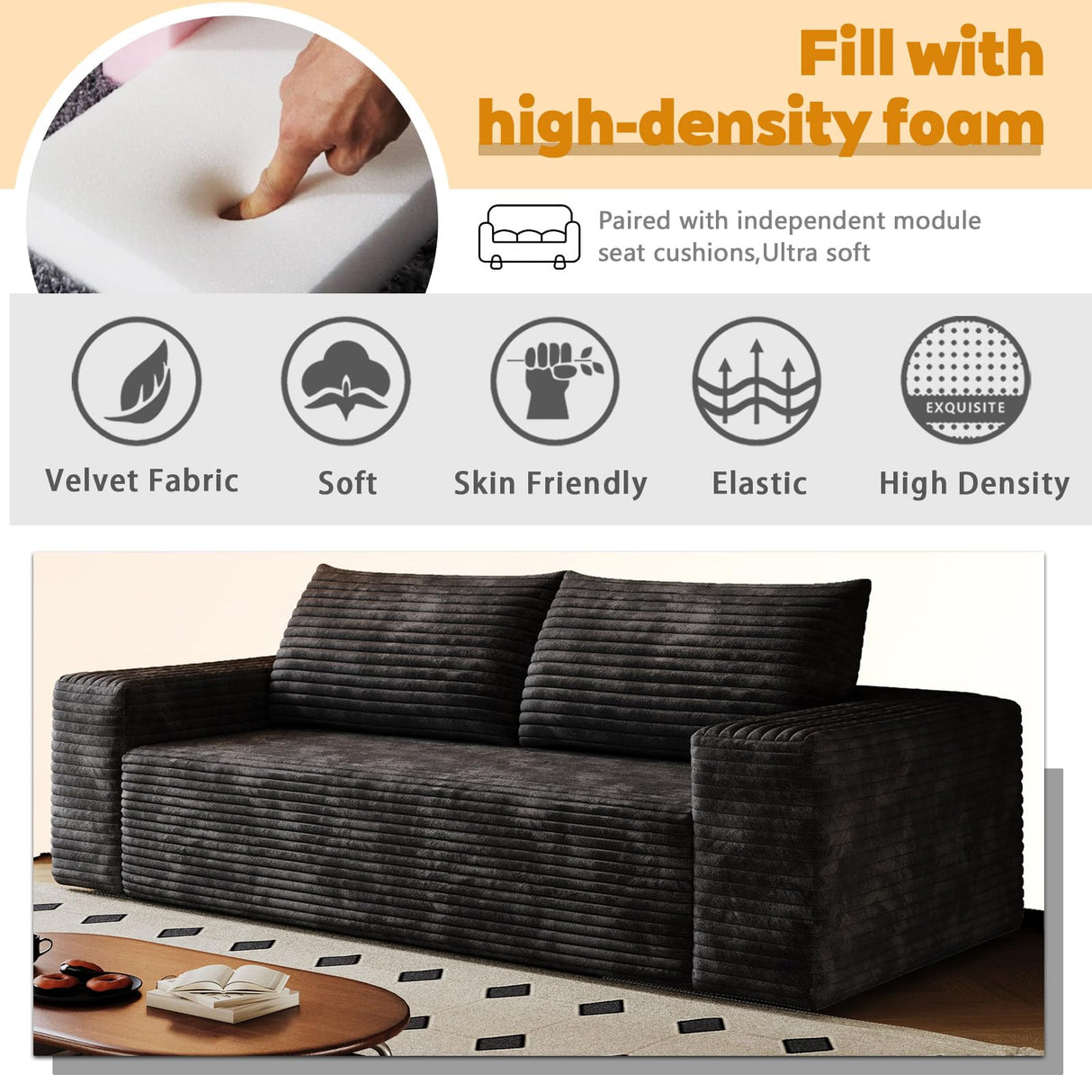 Ningering 63" Sofa in a Box Compressed, Boneless Couch with Wide Armrests & 2 Cushions, Cloud loveseat Sofa for Living Room, Memory Foam, Deep Seat, Corduroy Fabric, No Assembly (Black, 2) Ningering