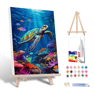Sea Turtle Adult Paint by Number Kits on Canvas Framed,Sea Turtle Paint by Number with Frame with Wooden Easel,DIY Acrylic Painting by Numbers in Colorful Gifts Box for Home Wall Decor 12x16inch