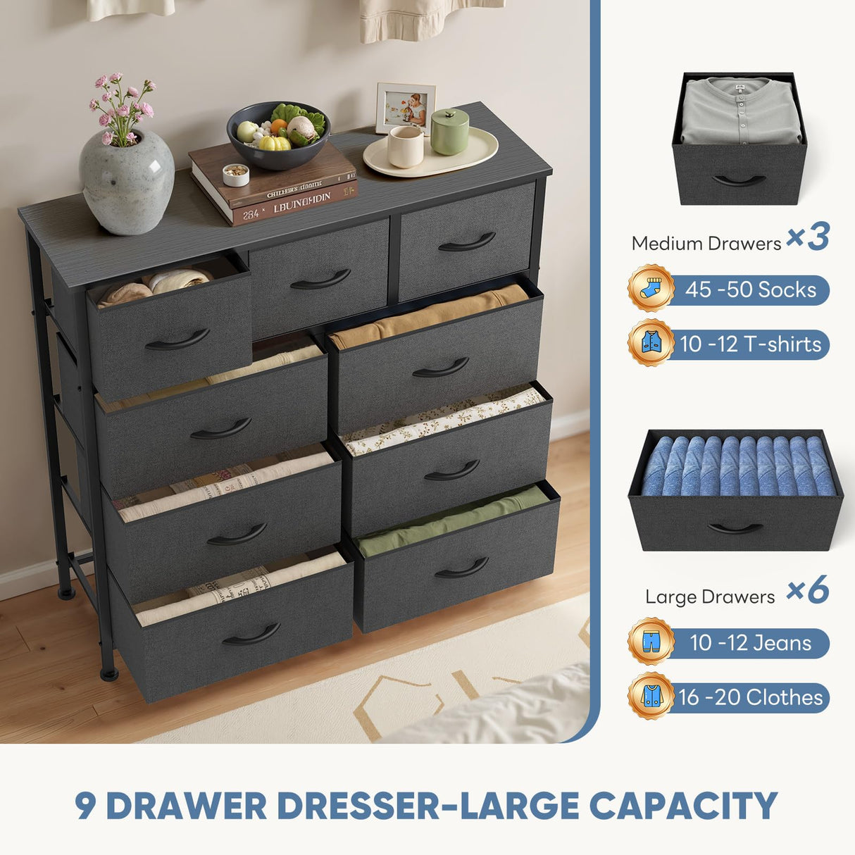 DUMOS 9 Drawer Dresser, Fabric Storage Organizer with Sturdy Metal Frame and Wooden Top, Modern Chest of Drawers for Bedroom Closet Entryway,Grey DUMOS