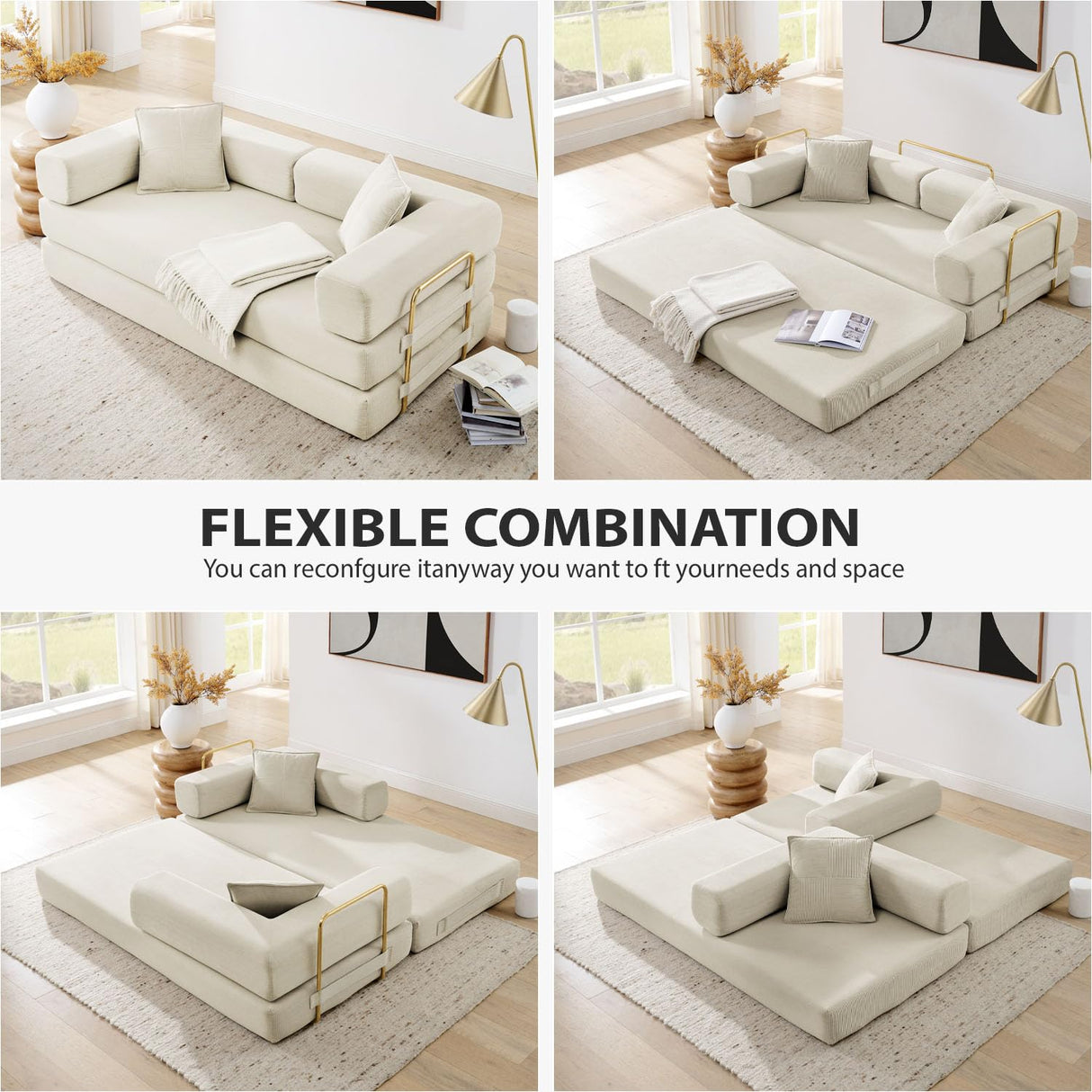 4-in-1 Folding Convertible Sofa Bed, 78 Inch Boneless Couch with Fixed-Shape Frame, Corduroy Loveseat Sleeper with Pull Out Bed, Floor Sofa Modular Futon Couch for Living Room Bedroom Lounge (Beige) ivoros