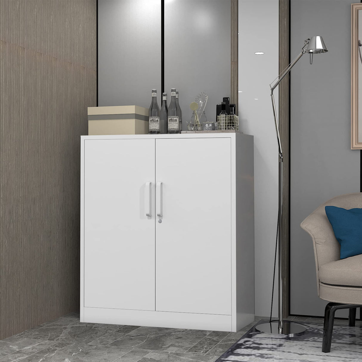 Yizosh Metal Garage Storage Cabinet with 2 Doors and 2 Adjustable Shelves - 35.5" Steel Lockable File Cabinet,Locking Counter Cabinet for Home Office,Garage,Gym,School (White) Yizosh