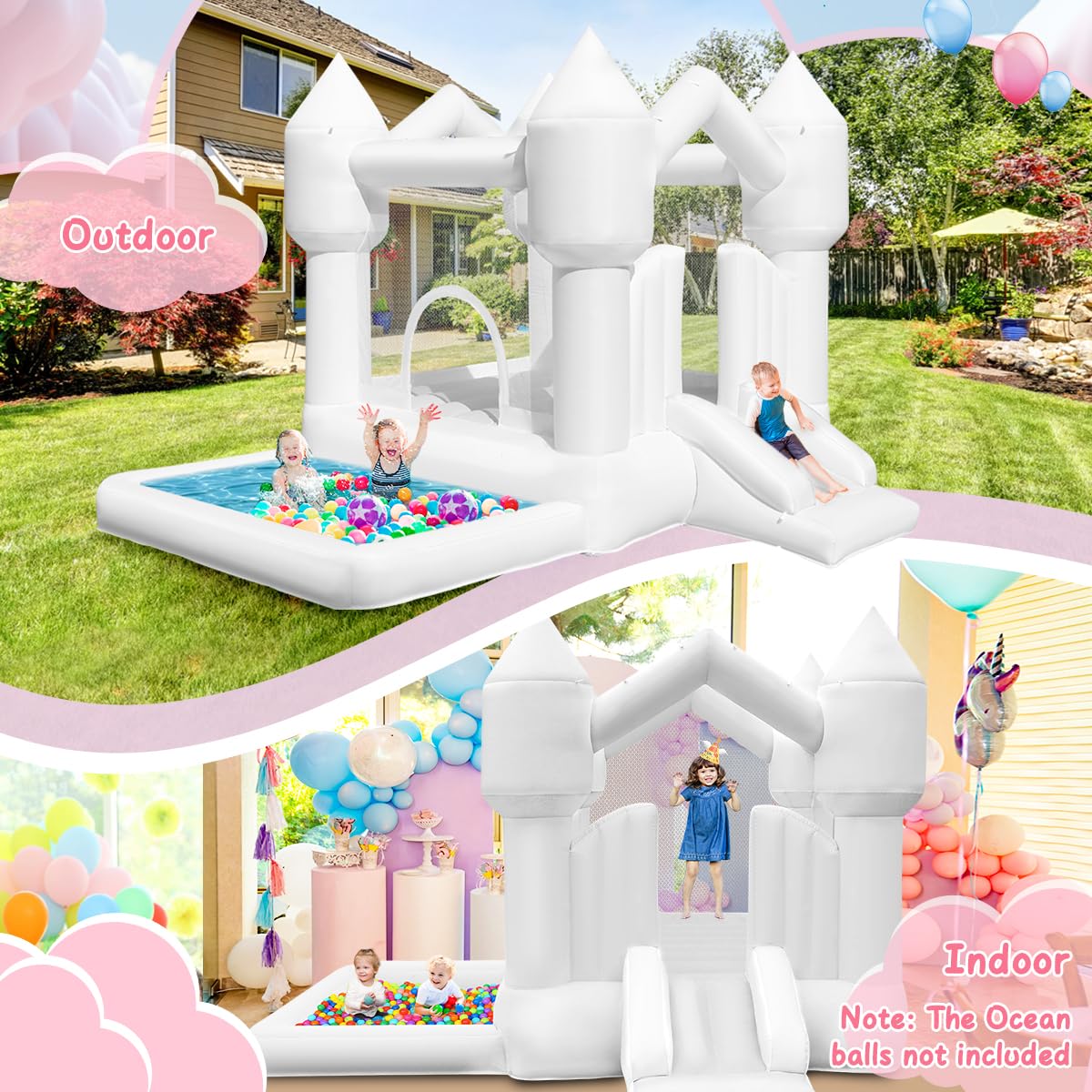 FINCOME Inflatable Bounce House for Kids, White Bounce House with Slide, Jumping Bouncy Castle for Kids Birthday Party, Wedding, Backyard Indoor/Outdoor White (with Blower) FINCOME
