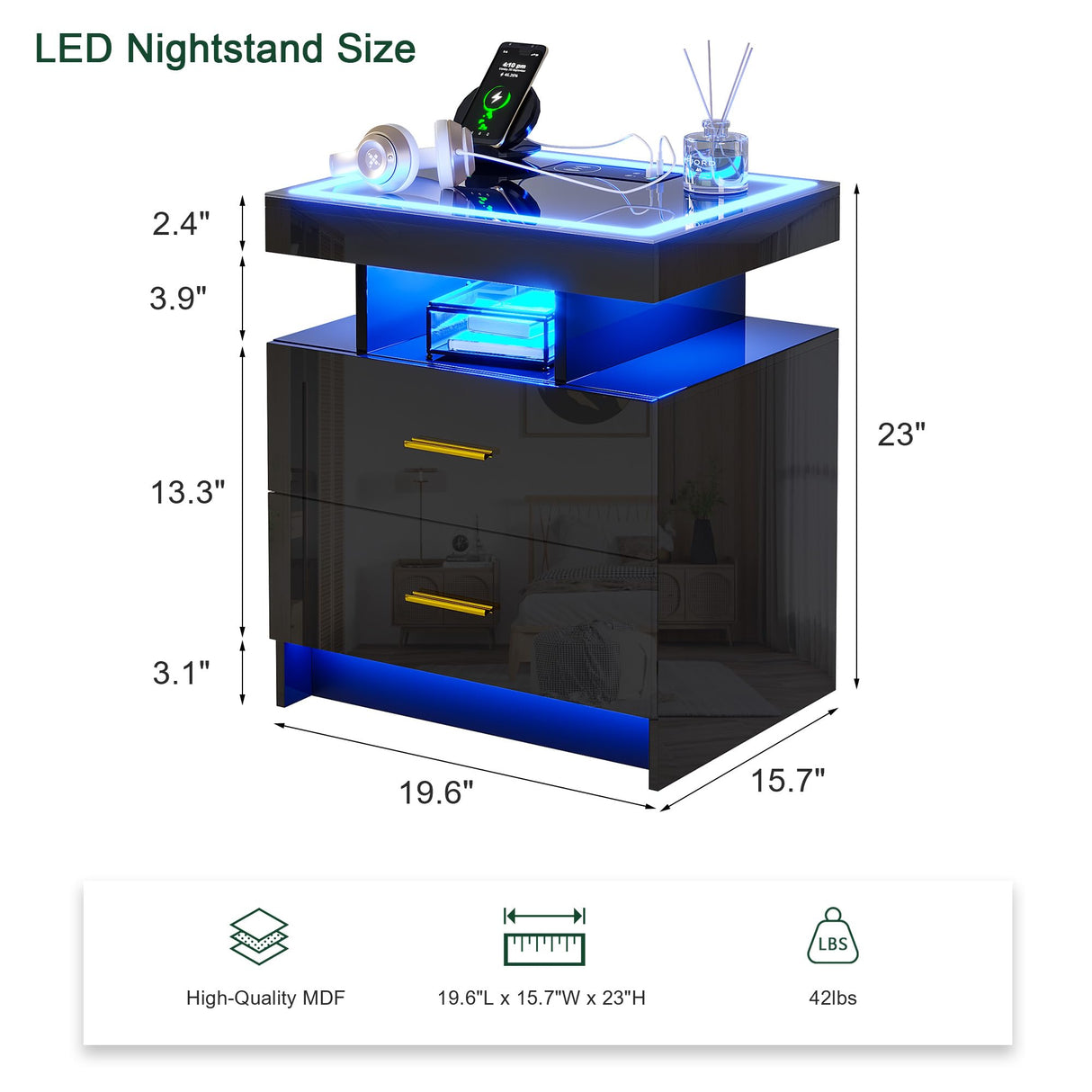 HNEBC Auto LED Nightstand Set of 2, Black Night Stand with Charging Station & USB Ports, High Gloss Bedside Table has 2 Drawers,Modern End Side Table for Bedroom (Black) HNEBC