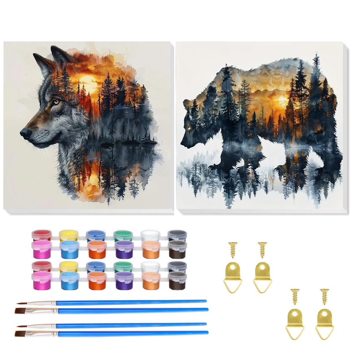 2 Pack Paint by Number for Adults Beginner, Bear Painting by Number Kit, Wolf Easy Acrylic Painting by Number on Canvas, Animal Paint by Numbers for Home Wall Art Decor with Frame (11.8x11.8Inch) Mandun