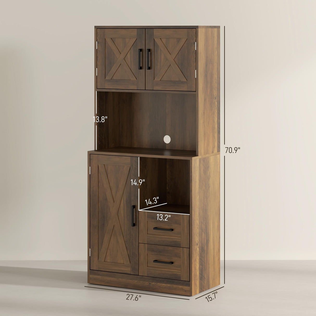 HOMCOM 71" Farmhouse Kitchen Pantry Storage Cabinet, Freestanding Tall Kitchen Hutch with Microwave Oven Countertop, Adjustable Shelves and Drawers, Brown HOMCOM