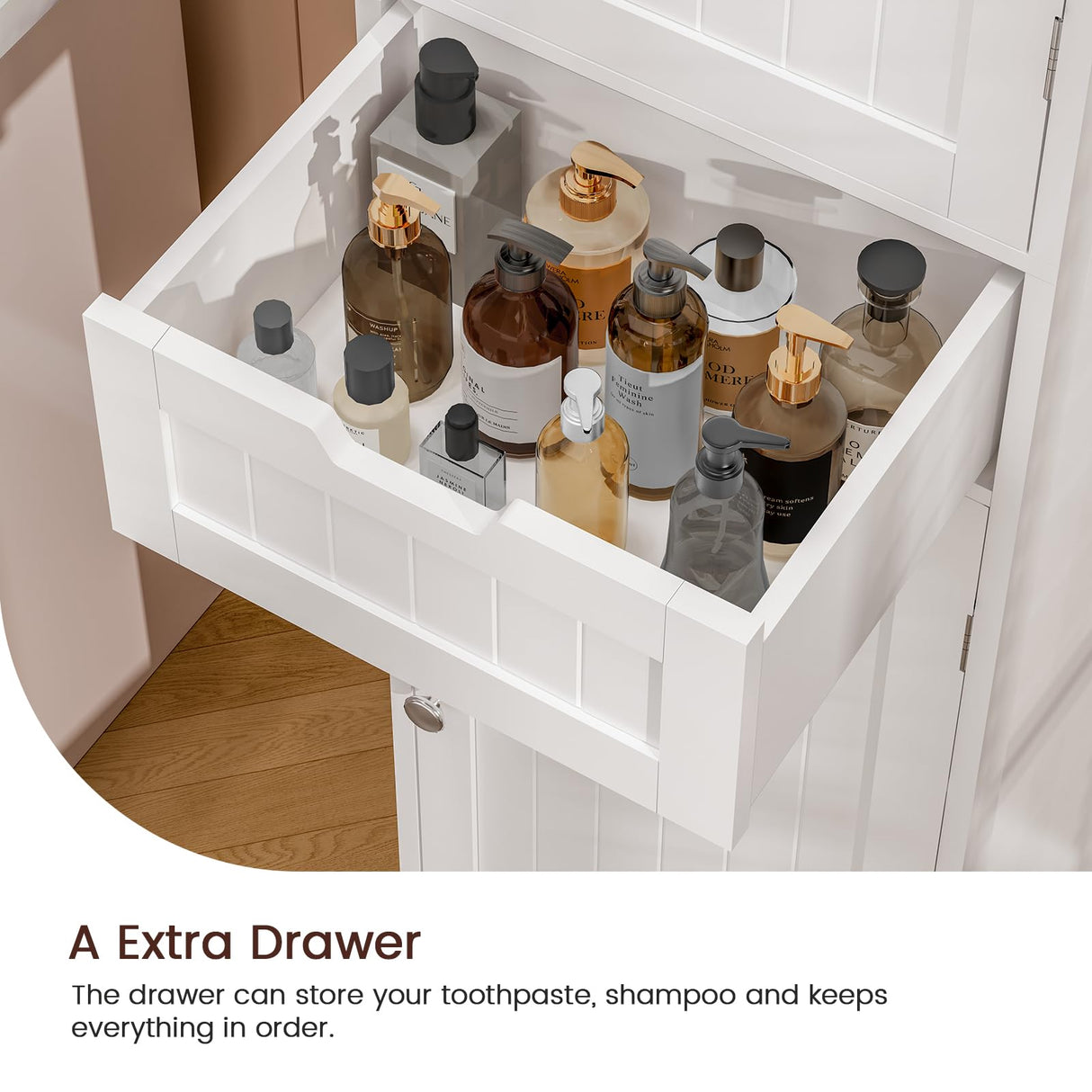 Iwell Tall Bathroom Cabinet, Storage Cabinet with 2 Doors & 1 Drawer, Freestanding Linen Cabinet with Adjustable Shelves, Floor Cabinet for Bathroom, Living Room, Home Office, White Iwell