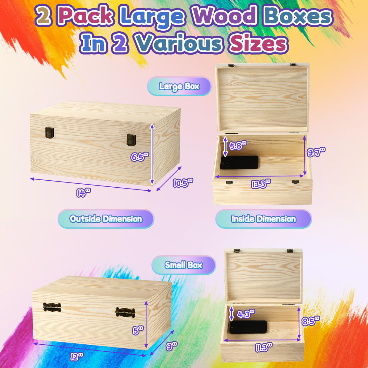 Large Unfinished Wooden Boxes Set of 2 Sizes Wood Box with Hinged Lid – Large Wooden Boxes– Keepsake Memory Boxs- for DIY Crafts, Gifts, Jewelry,Wedding and Storage – Handcrafted Box HIPNOOK