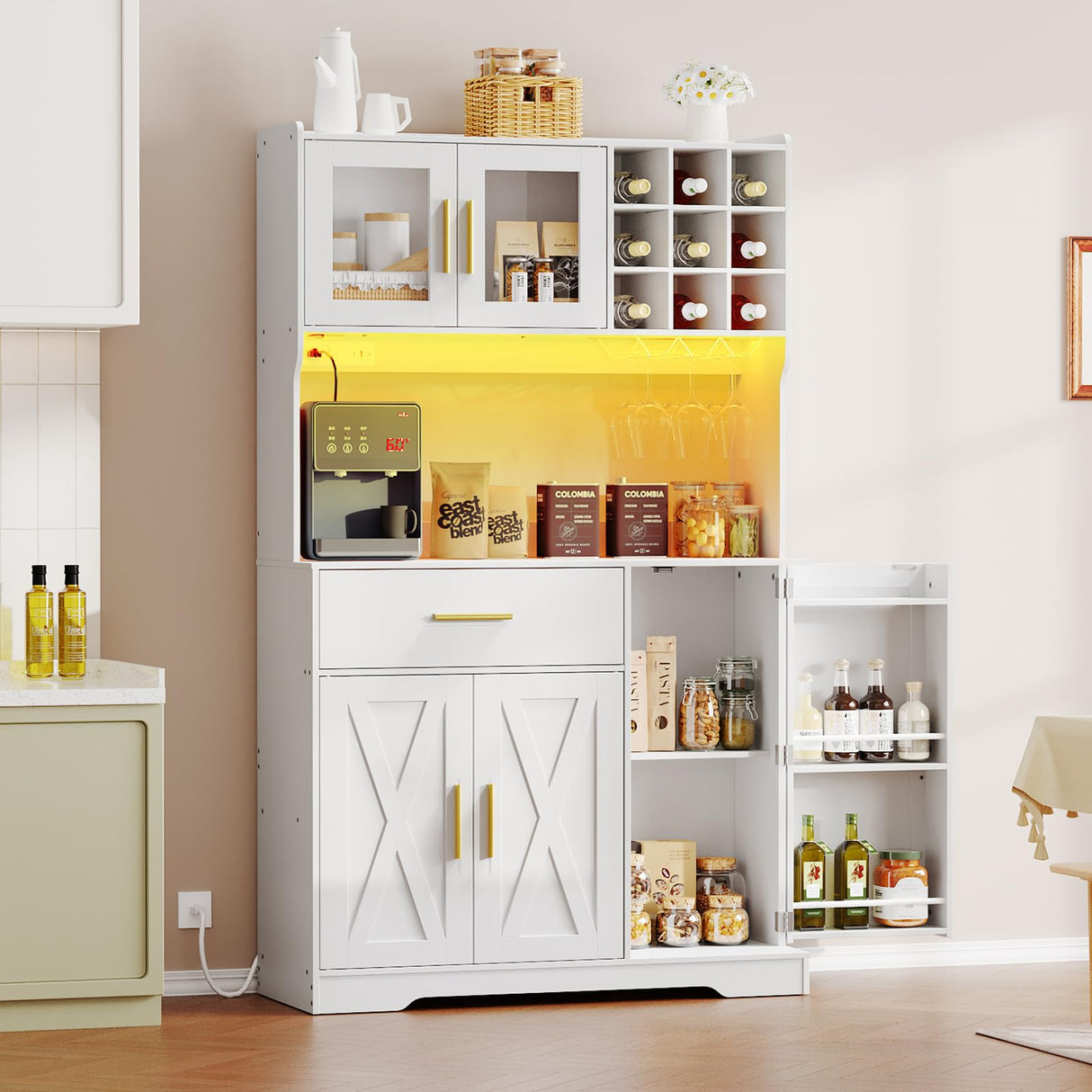 HOOBRO Pantry Cabinet with LED Lights and Charging Station, Kitchen Pantry Cabinet, 71" Tall Farmhouse Pantry with Microwave Shelf, Door Shelves, Wine Rack and Glass Holder, White WT10UDPC01 HOOBRO