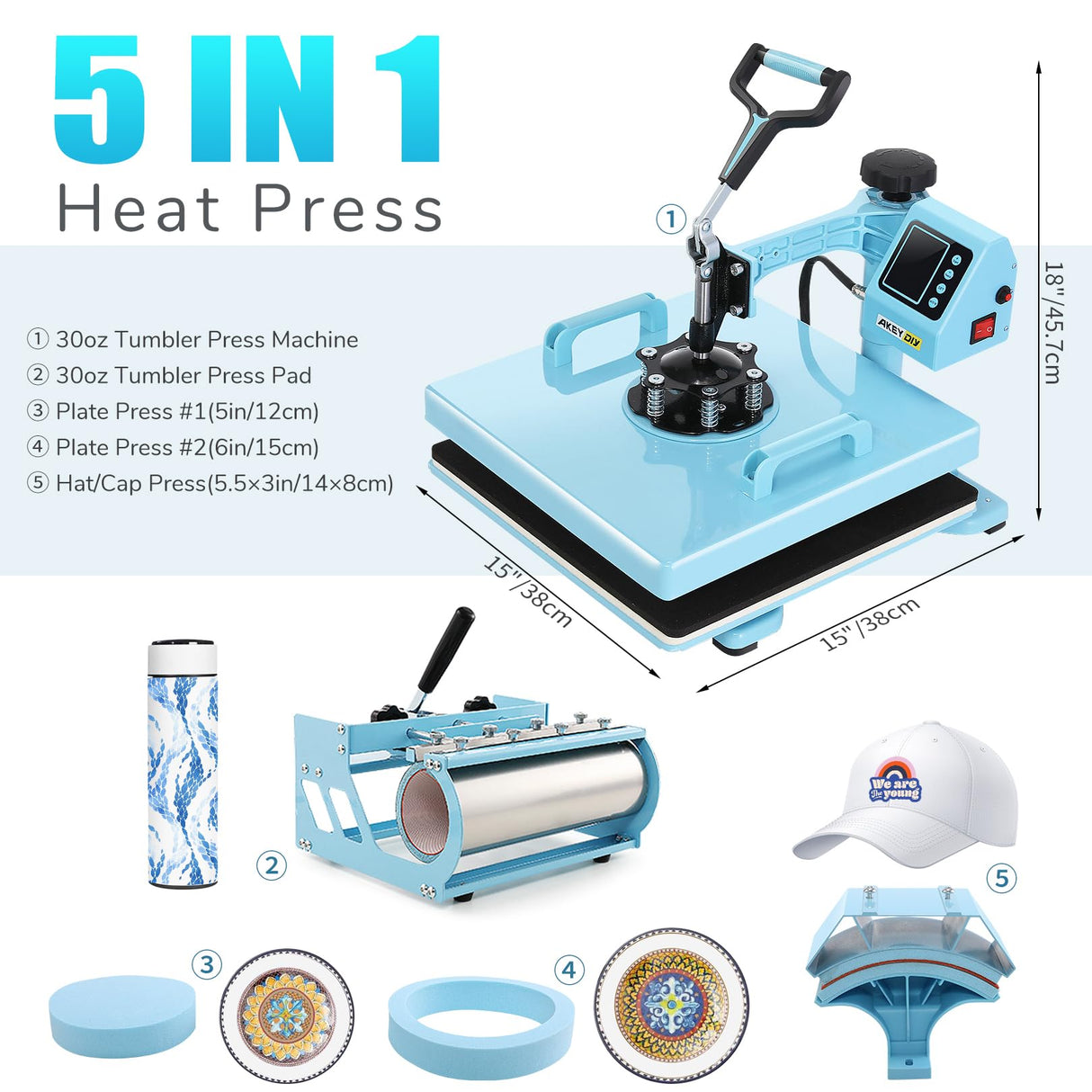 Heat Press Machine, 15x15 Heat Press for t Shirts with Attachment 30oz Sublimation Tumblers Press, Hat Press, Plate Printing, DIY Heats Transfer Press Vinyl for Beginners Blue AKEYDIY