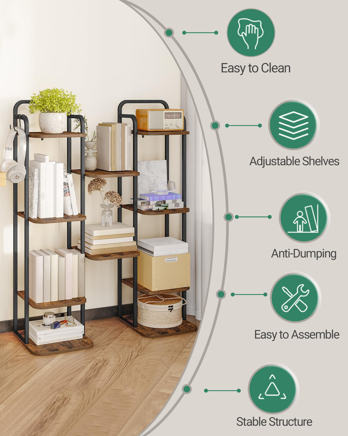 Hzuaneri 6 Tiers Vertical Shoe Rack, Narrow Shoe Tower, Tall Shoes Shelf with 2 Hooks, Adjustable Shelves, Corner Shoes Shelves for Small Spaces, Entryway, Living Room, Rustic Brown SR04201B Hzuaneri