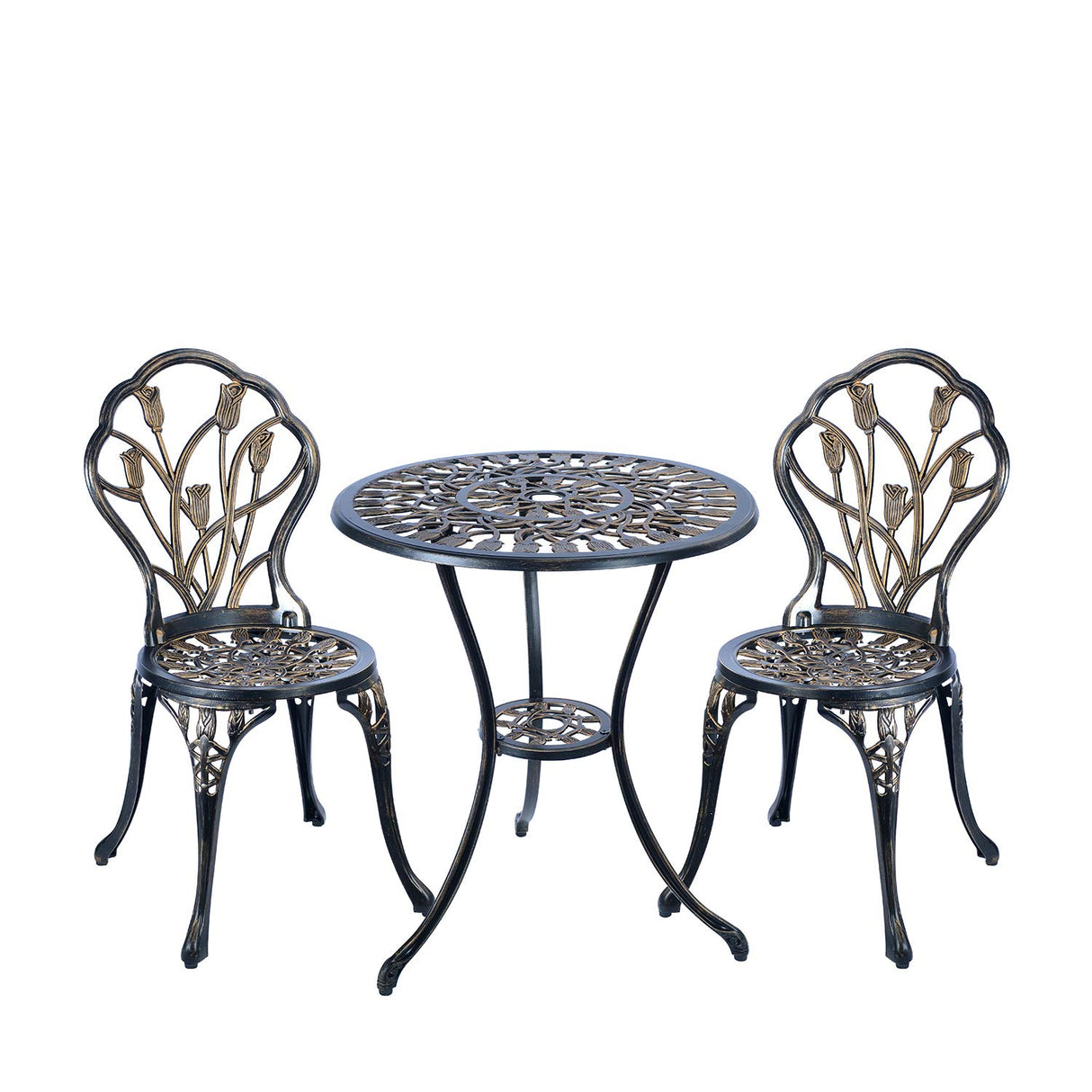 CG 3 Piece Bistro Set, Outdoor Patio Set, Anti-Rust Cast Aluminum Bistro Table Set for Park Yard Front Porch Furniture, Tulip, Antique Copper C/G