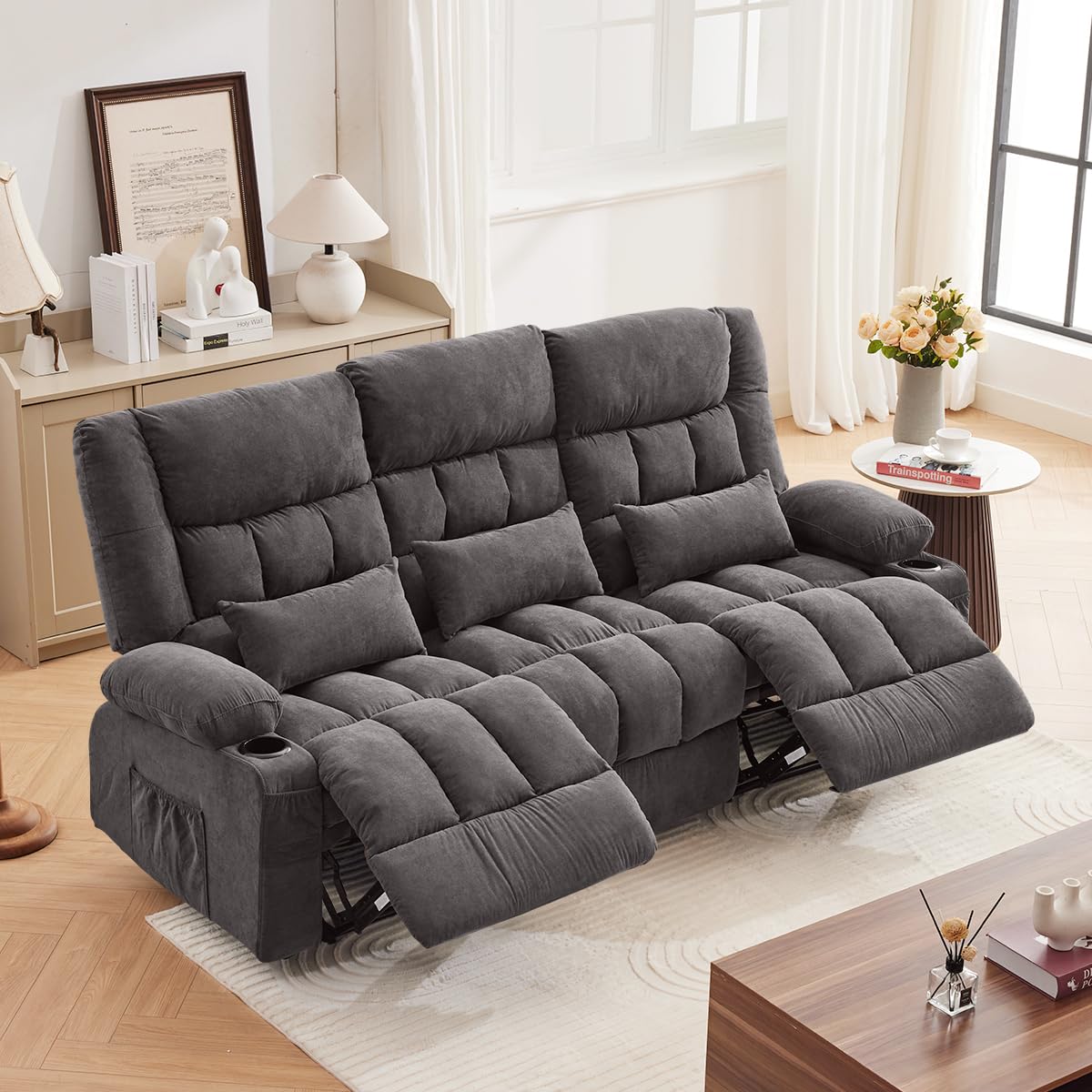 Recliner Sofa with Cup Holders for Living Room 3 Seat Manual Oversized Recliner Chiar with Ergonomic, Side Pocket for Adult MAHOMICO
