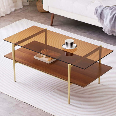 LumFurn Rectangle Coffee Table, Mid-Century Modern Design, L41 W21 x H17, for Living Room, 2-Tier Structure, Amber Glass Top and Walnut MDF Shelf, Sleek Conical Metal Legs with Gold Finish