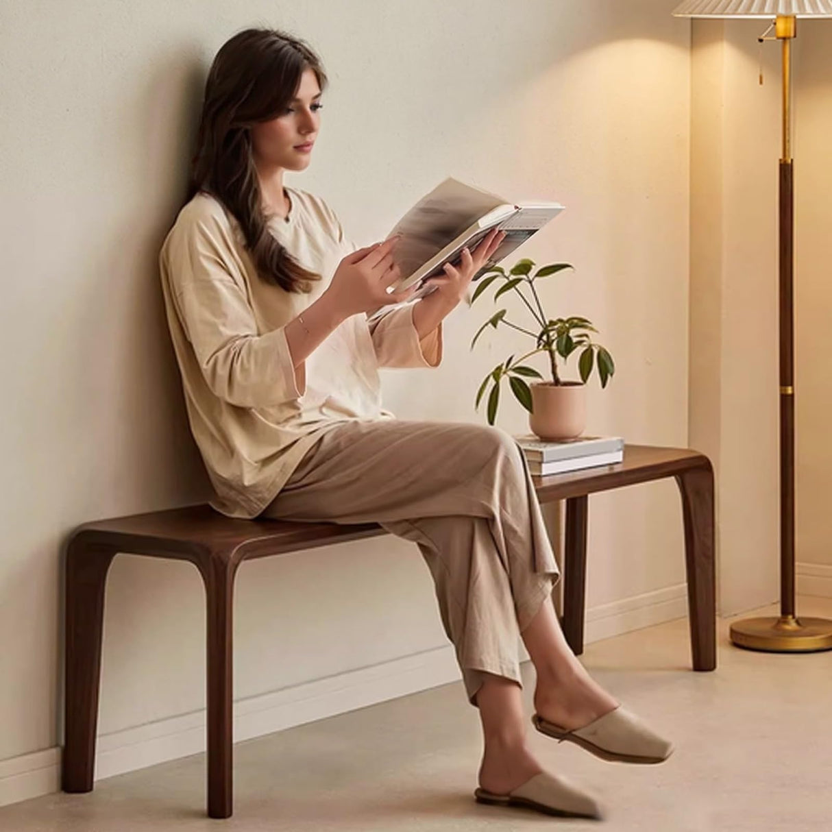 Natural Wood Bench for End of Bed Modern Dining Table Bench Backless Rounded Corners Entry Way Benches with Solid Legs for Foyer Bedroom Living Room(55.1in/140cm) Generic