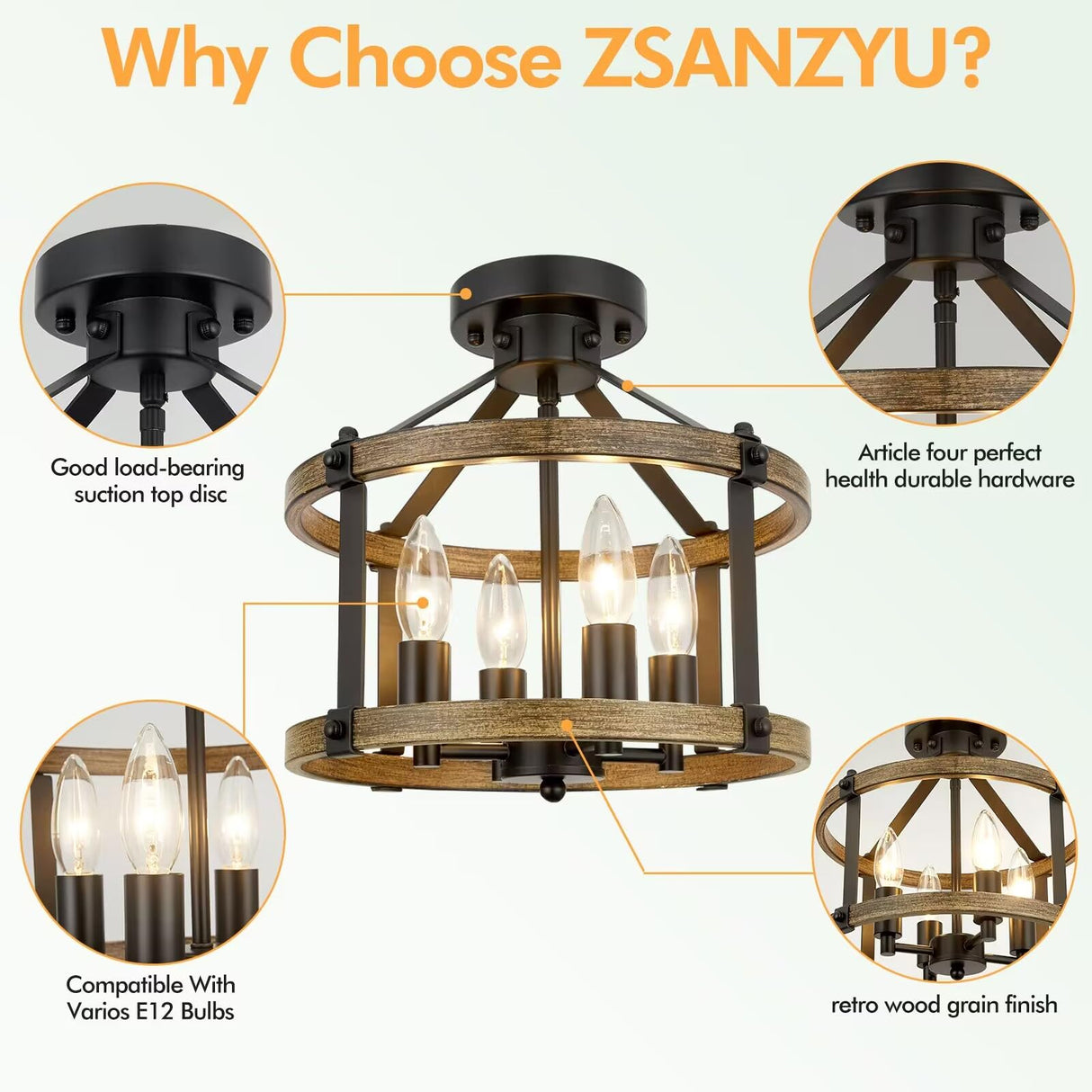 12.5" Farmhouse Semi Flush Mount Ceiling Light,4 Light Drum Rustic Semi Flush Ceiling Light,Black+Vintage Wood-Look Finish Semi Flush Light Fixture for Bedroom、Hallway、Kitchen、Laundry Room ZSANZYU