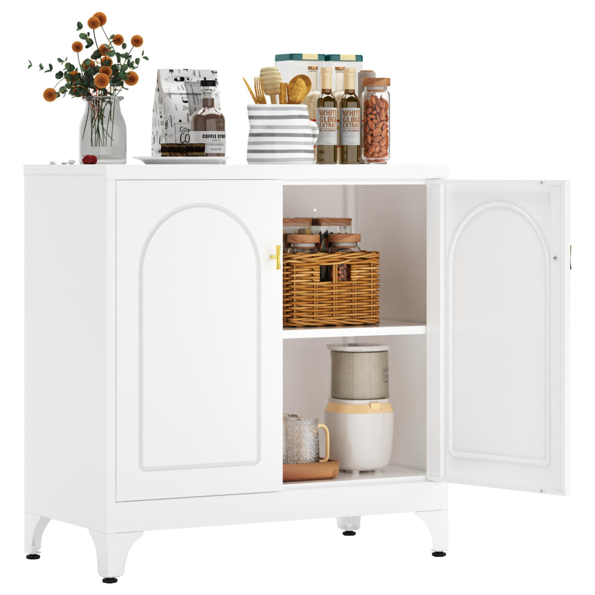 Metal Storage Cabinet with 2 Doors, 48" H White Sideboard Cabinet, Small Kitchen Pantry with Adjustable Shelf, Coffee Bar Cabinets, Storage Cabinets for Kitchen, Pantry, Living Room, Office MetalMax