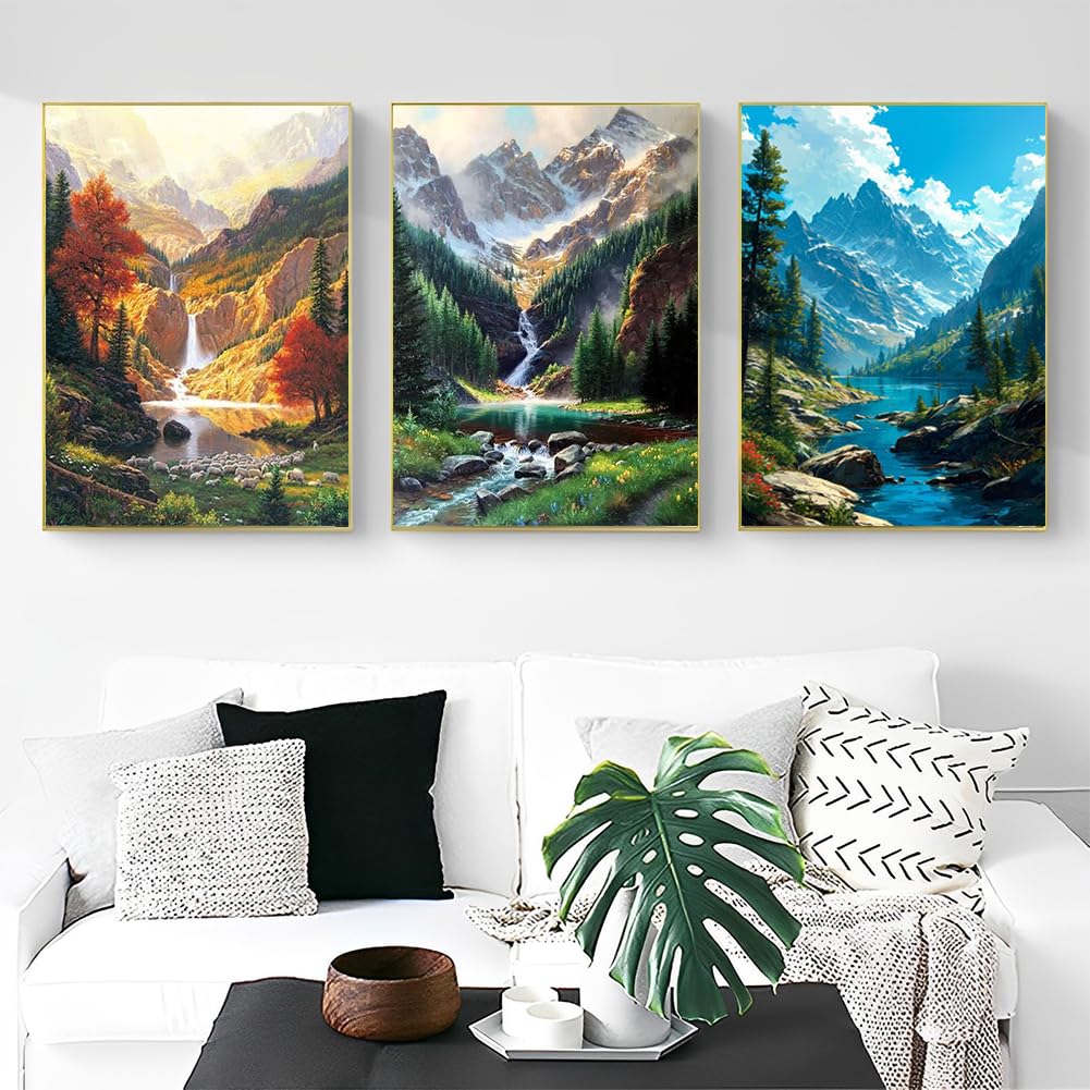 OFRKE Diamond Painting Kits for Adults,3 Pack Mountains Waterfall Diamond Art for Beginners, Diamond Round 5D Full Drill Paint with Diamonds Pictures Gem Art Painting Kits DIY Crafts Kits 12x16inch OFRKE