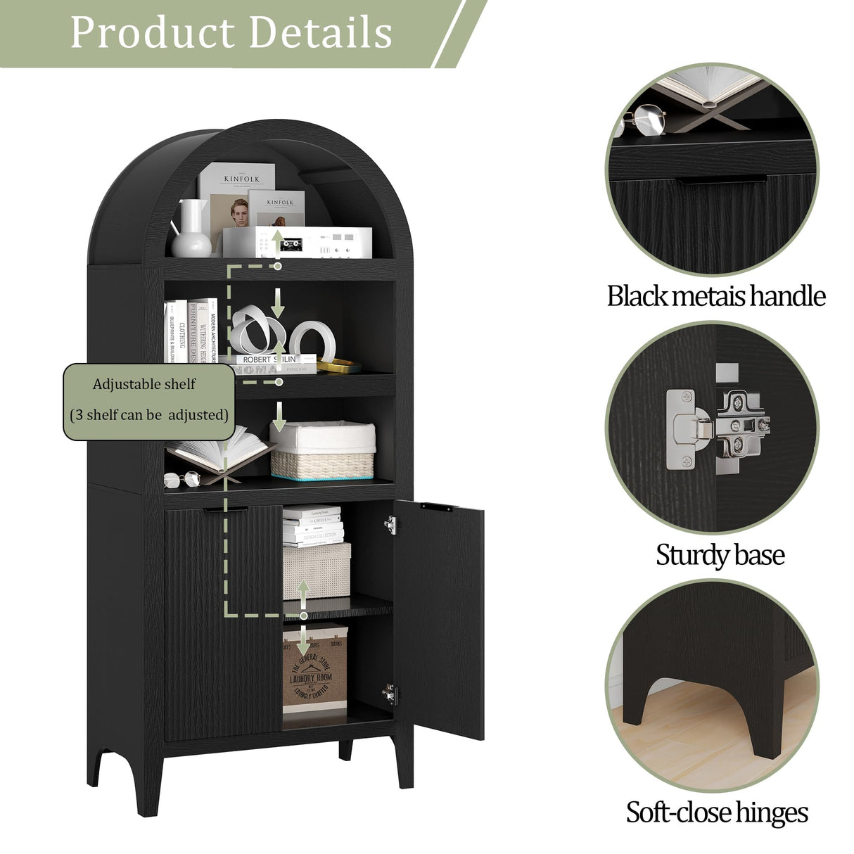 Arched Cabinet Bookshelf Black Arch Bookcase with Doors, Wooden Curved Book Case 5-Tier Tall Round Top Bookshelves for Living Room blini