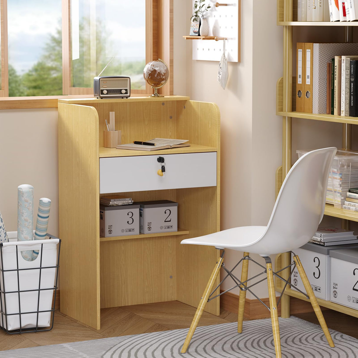 OmySalon Reception Desk with Counter, Small Front Desk w/Lockable Drawer, Wooden Modern Reception Table for Salon Lobby Office Home (Original Wood, 24) OmySalon