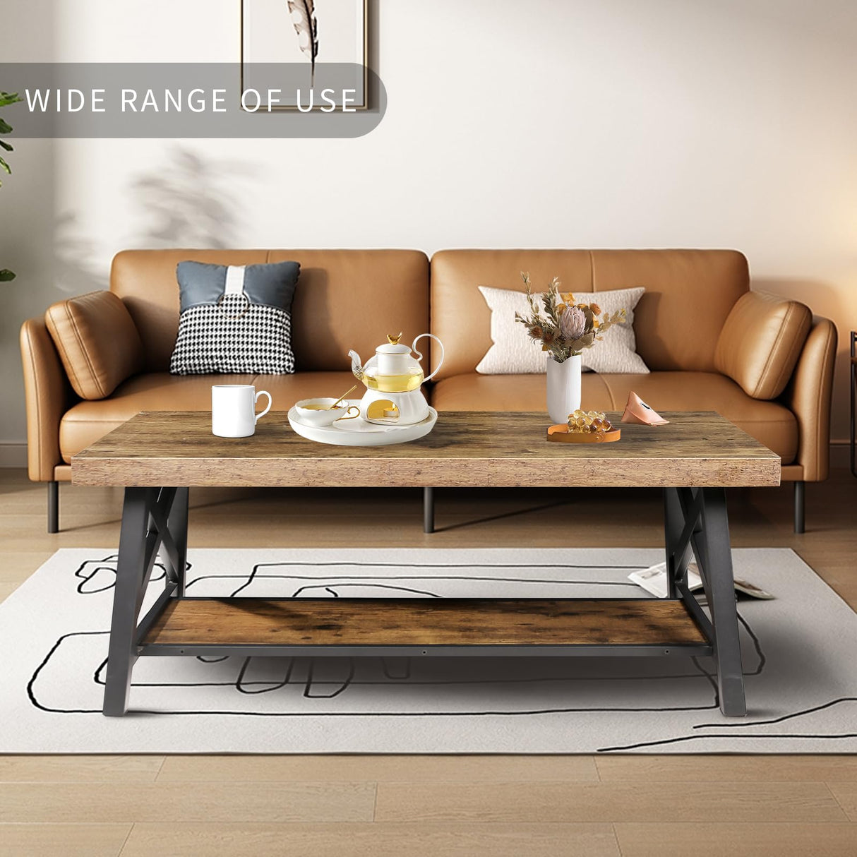 iWEDN 47'' Large Wood Coffee Table with Storage Shelf, Farmhouse Coffee Table with X-Shaped Legs, Rustic Brown Metal Rectangle Center Living Room Coffee Table Accent Furniture for Home iWEDN