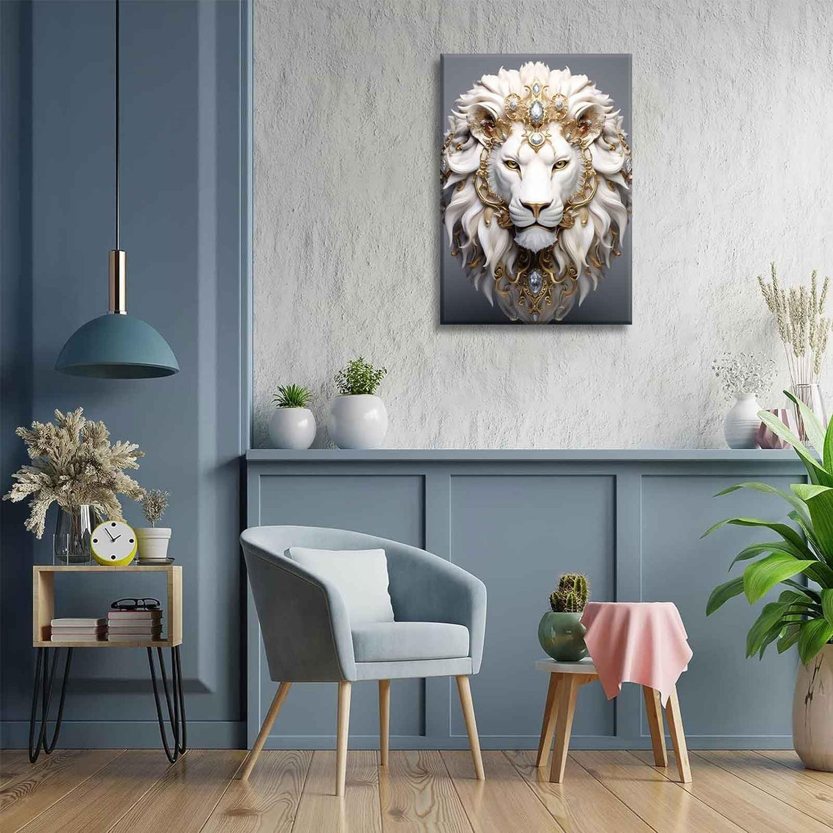 White Lion Canvas Wall Art Wild Animal Portraits Avatar Pictures Painting Decor Modern Large Gold Diamond Beast Posters Prints for Dining Living Room Bedroom Home Decoration Cremooy