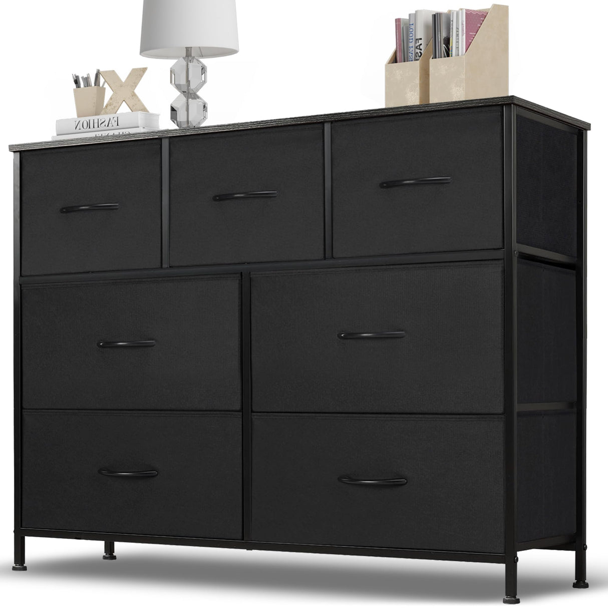 Zibbizo Dresser for Bedroom, 7 Storage Drawers, Anti-Tip Wide Fabric Closet Chests Organizer Tower Furniture, TV Stand for TV up to 45 inch with Wooden Top Metal Frame for Clothes, Living Room Zibbizo
