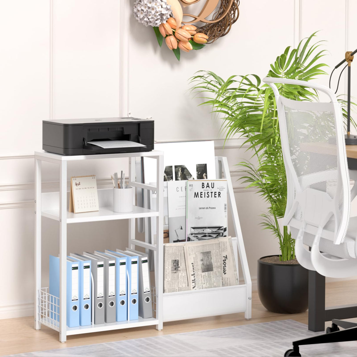 LELELINKY Record Player Table,Turntable Shelf with Vinyl Storage Up to 150 Albums,White Side Table with 3 Tier Magazine Periodical Book Rack,Wide Metal Record Holder Cabinet for Room Office LELELINKY